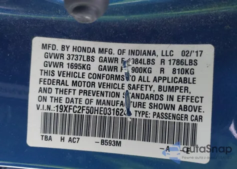 2017 Honda Civic Lx from USA, damaged, VIN 19XFC2F50HE031624